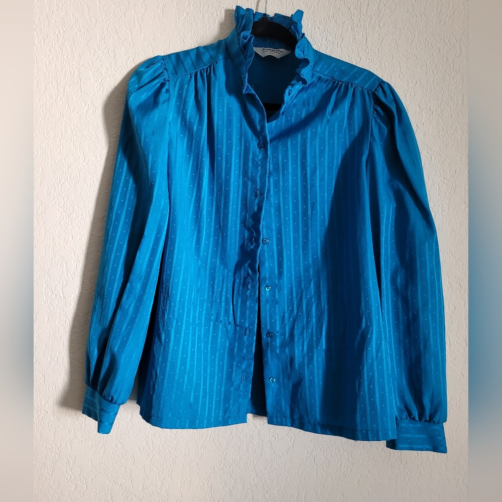 Vintage blue silky polka striped Jonquil blouse with ruffles